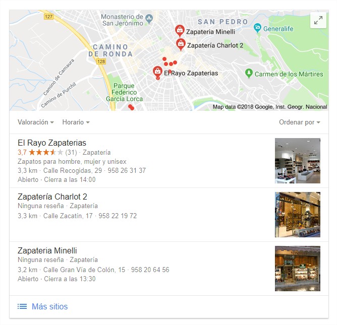 Resultado de búsqueda en google con zapaterías en Granada