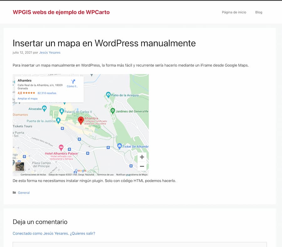 Entrada finalizada con el mapa de google insertado