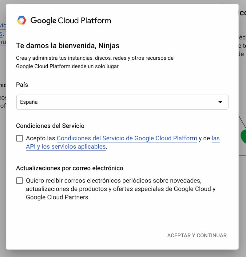 Pantalla de aceptación de las condiciones de contrato de Google Maps Platform