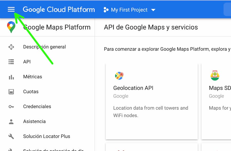 Botón del menú principal de Cloud Platform