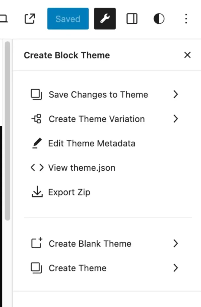 Menú del plugin Create Block Theme en el editor