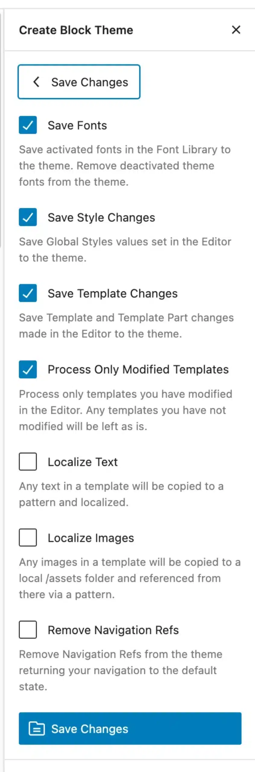 Submenu de la opción save changes to theme