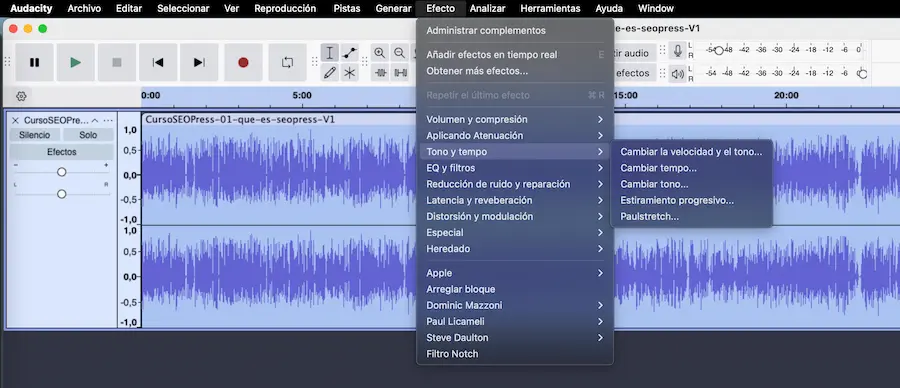 opcion menu para cambiar tempo audacity