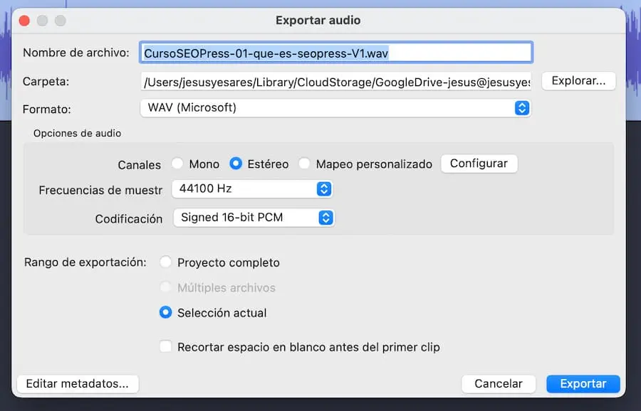 ventana emergente exportar audio audacity