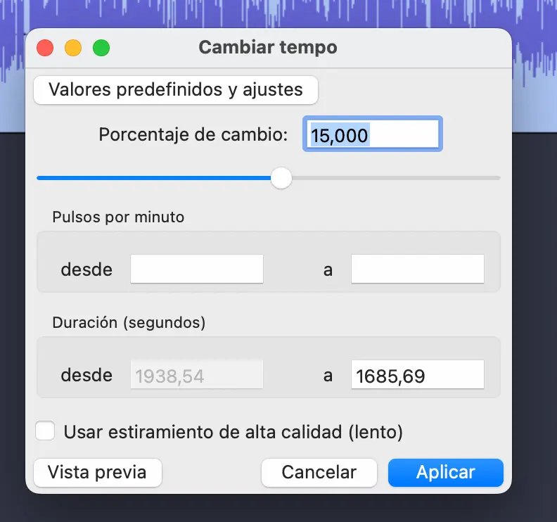 ventana modal cambiar tempo audacity