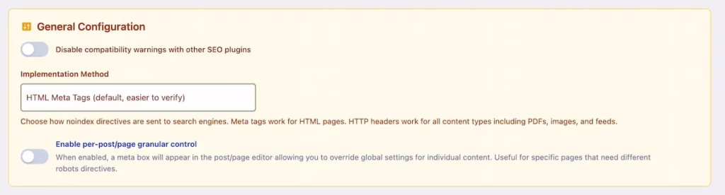 Configuración general de noindex SEO